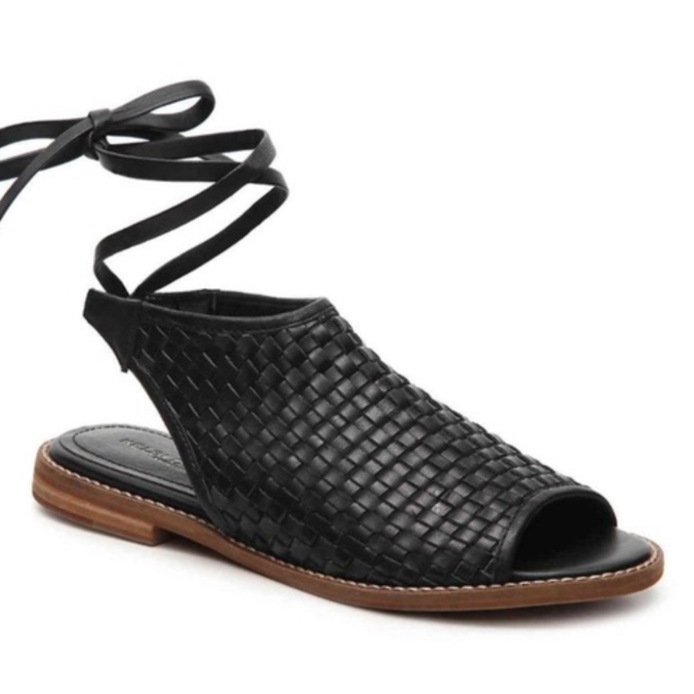 Kelsi Dagger Black Leather Lace up Sandals Womens 7.5 Peep Toe Woven Flats